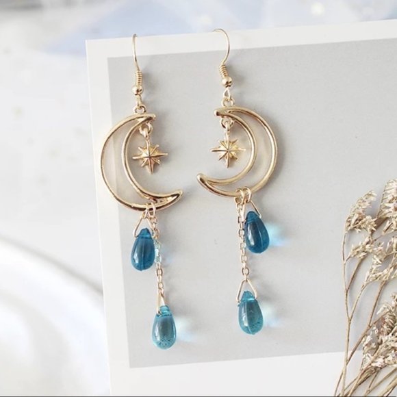 3/$30 GOLD MOON STARS BLUE WATER DROPS EARRINGS - Picture 3 of 8